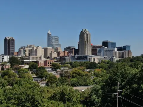 Raleigh skyline over green trees on a clear day